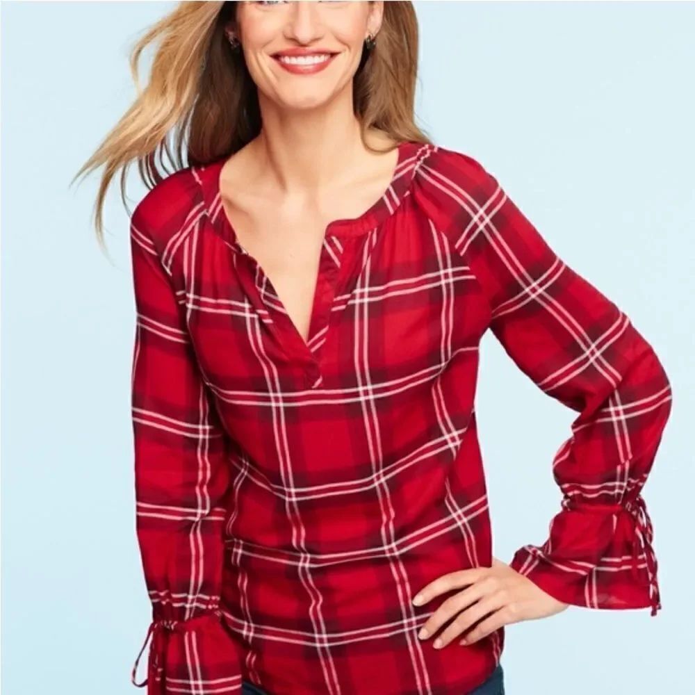 TALBOTS V-Neck Plaid Blouse Red 1X like new condition 100% Cotton tie sleeve